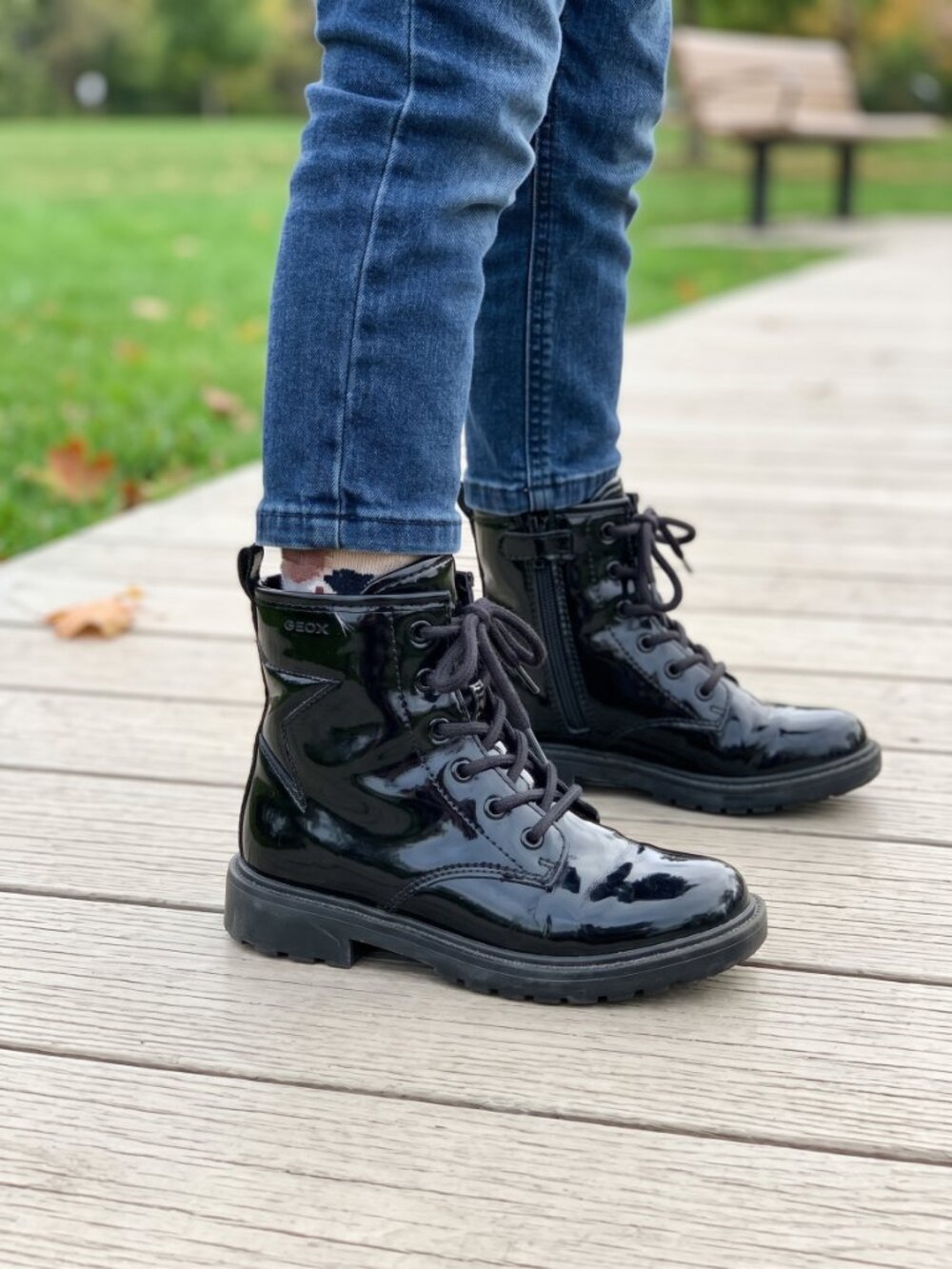 Geox Girl’s Black Patent Lace-Up Ankle Boots with Side Zip